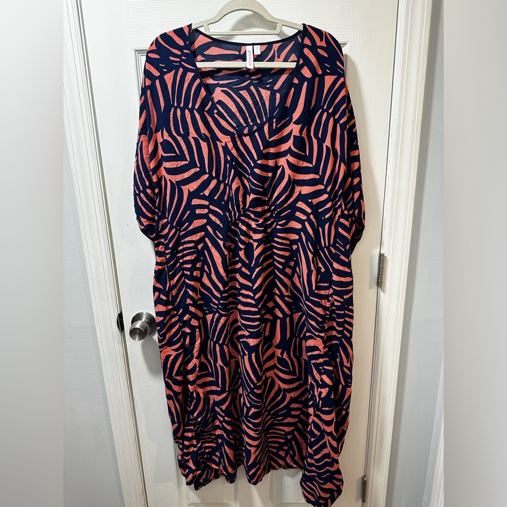 Navy and Coral Patterned Dress